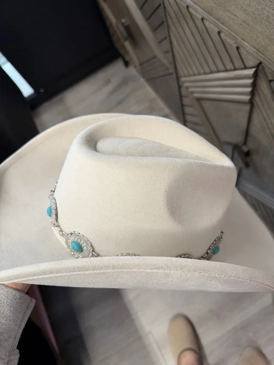White Western Cowboy Hat with Turquoise Concho Band - Picture 4 of 4